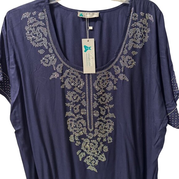 Layogee Womens XL Navy Blue Embellished Kaftan Dress Rayon dress. NWT - Picture 6 of 12